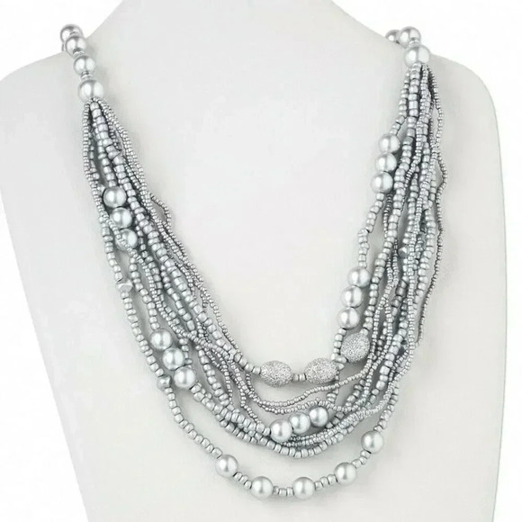 Handmade Multi Strand Silver Metallic Round & Oval Wood Beads Long Necklace - Picture 1 of 4